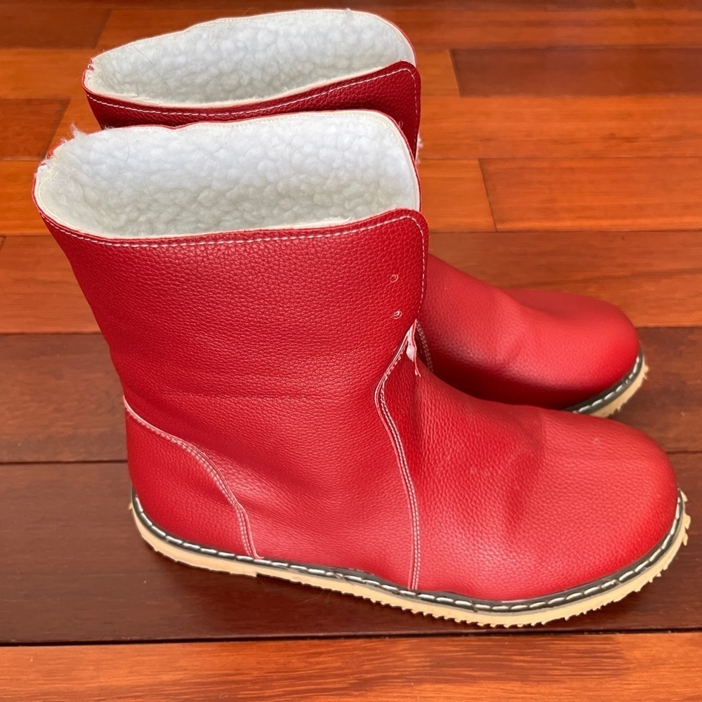 Red fashion boots comfort faux fur spring walk flat heel mid calf vegan like new